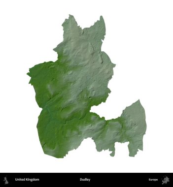 Dudley. Birleşik Krallık 'ın idari alanı renkli bir yükseklik haritasında beyaz üzerine izole edilmiş