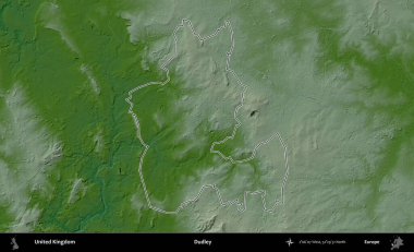 Dudley. Renkli bir yükseklik haritasında Birleşik Krallık 'ın özetlenmiş yönetim alanı