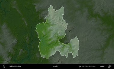 Dudley. Birleşik Krallık 'ın idari alanı koyu renkli bir yükseklik haritasına vurgulanmış ve özetlenmiştir