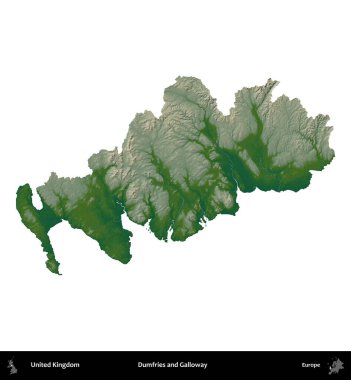 Dumfries ve Galloway. Birleşik Krallık 'ın idari alanı renkli bir yükseklik haritasında beyaz üzerine izole edilmiş