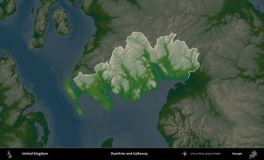Dumfries ve Galloway. Birleşik Krallık 'ın idari alanı koyu renkli bir yükseklik haritasına vurgulanmış ve özetlenmiştir