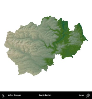 Durham ilçesi. Birleşik Krallık 'ın idari alanı renkli bir yükseklik haritasında beyaz üzerine izole edilmiş
