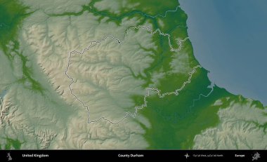 Durham ilçesi. Renkli bir yükseklik haritasında Birleşik Krallık 'ın özetlenmiş yönetim alanı