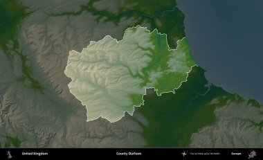 Durham ilçesi. Birleşik Krallık 'ın idari alanı koyu renkli bir yükseklik haritasına vurgulanmış ve özetlenmiştir