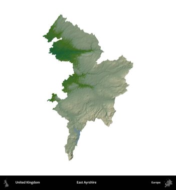 Doğu Ayrshire. Birleşik Krallık 'ın idari alanı renkli bir yükseklik haritasında beyaz üzerine izole edilmiş