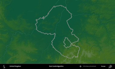 Doğu Cambridgeshire. Renkli bir yükseklik haritasında Birleşik Krallık 'ın özetlenmiş yönetim alanı