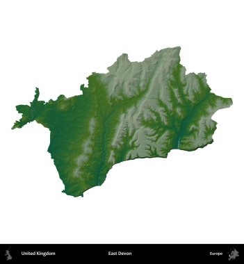 Doğu Devon. Birleşik Krallık 'ın idari alanı renkli bir yükseklik haritasında beyaz üzerine izole edilmiş