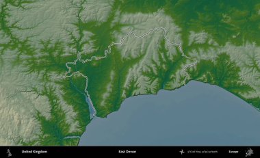 Doğu Devon. Renkli bir yükseklik haritasında Birleşik Krallık 'ın özetlenmiş yönetim alanı