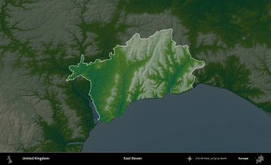 Doğu Devon. Birleşik Krallık 'ın idari alanı koyu renkli bir yükseklik haritasına vurgulanmış ve özetlenmiştir