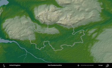 Doğu Dunbartonshire. Renkli bir yükseklik haritasında Birleşik Krallık 'ın özetlenmiş yönetim alanı
