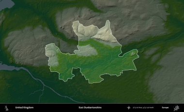 Doğu Dunbartonshire. Birleşik Krallık 'ın idari alanı koyu renkli bir yükseklik haritasına vurgulanmış ve özetlenmiştir