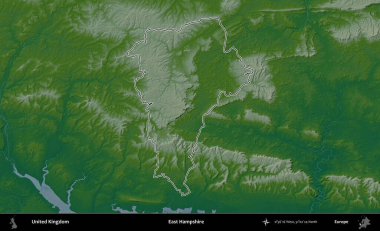 Doğu Hampshire. Renkli bir yükseklik haritasında Birleşik Krallık 'ın özetlenmiş yönetim alanı