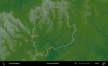 Doğu Hertfordshire. Renkli bir yükseklik haritasında Birleşik Krallık 'ın özetlenmiş yönetim alanı