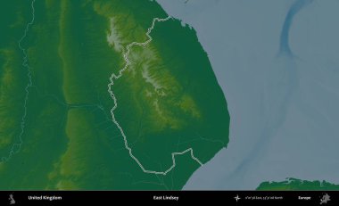 Doğu Lindsey. Renkli bir yükseklik haritasında Birleşik Krallık 'ın özetlenmiş yönetim alanı