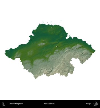 Doğu Lothian. Birleşik Krallık 'ın idari alanı renkli bir yükseklik haritasında beyaz üzerine izole edilmiş
