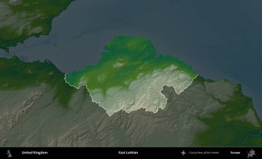 Doğu Lothian. Birleşik Krallık 'ın idari alanı koyu renkli bir yükseklik haritasına vurgulanmış ve özetlenmiştir