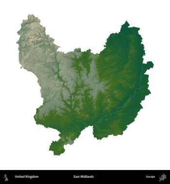 Doğu Midlands. Birleşik Krallık 'ın idari alanı renkli bir yükseklik haritasında beyaz üzerine izole edilmiş