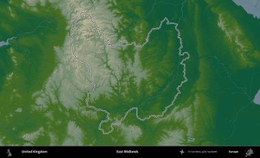 Doğu Midlands. Renkli bir yükseklik haritasında Birleşik Krallık 'ın özetlenmiş yönetim alanı