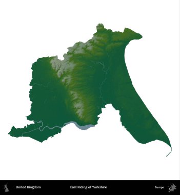 Yorkshire 'ın Doğu Biniciliği. Birleşik Krallık 'ın idari alanı renkli bir yükseklik haritasında beyaz üzerine izole edilmiş
