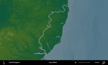 Doğu Suffolk. Renkli bir yükseklik haritasında Birleşik Krallık 'ın özetlenmiş yönetim alanı