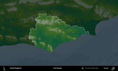 Doğu Sussex. Birleşik Krallık 'ın idari alanı koyu renkli bir yükseklik haritasına vurgulanmış ve özetlenmiştir