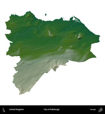 Edinburgh şehri. Birleşik Krallık 'ın idari alanı renkli bir yükseklik haritasında beyaz üzerine izole edilmiş
