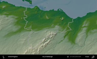 Edinburgh şehri. Renkli bir yükseklik haritasında Birleşik Krallık 'ın özetlenmiş yönetim alanı