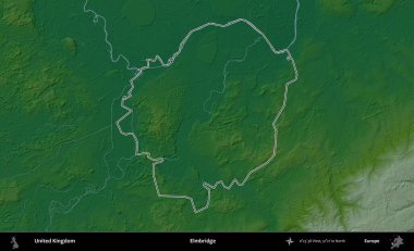 Elmbridge 'de. Renkli bir yükseklik haritasında Birleşik Krallık 'ın özetlenmiş yönetim alanı