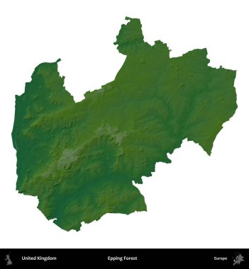 Epping Ormanı. Birleşik Krallık 'ın idari alanı renkli bir yükseklik haritasında beyaz üzerine izole edilmiş