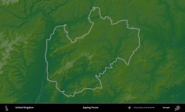 Epping Ormanı. Renkli bir yükseklik haritasında Birleşik Krallık 'ın özetlenmiş yönetim alanı