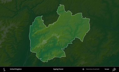 Epping Ormanı. Birleşik Krallık 'ın idari alanı koyu renkli bir yükseklik haritasına vurgulanmış ve özetlenmiştir
