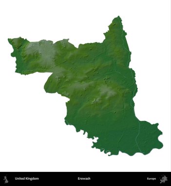 Yıkama. Birleşik Krallık 'ın idari alanı renkli bir yükseklik haritasında beyaz üzerine izole edilmiş