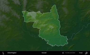 Yıkama. Birleşik Krallık 'ın idari alanı koyu renkli bir yükseklik haritasına vurgulanmış ve özetlenmiştir