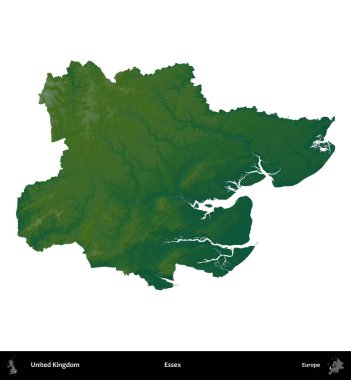 Essex. Birleşik Krallık 'ın idari alanı renkli bir yükseklik haritasında beyaz üzerine izole edilmiş