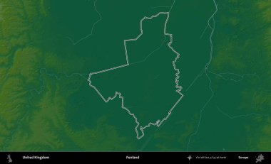 Fenland. Renkli bir yükseklik haritasında Birleşik Krallık 'ın özetlenmiş yönetim alanı