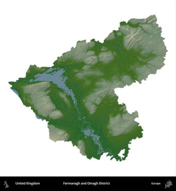 Fermanagh ve Omagh Bölgesi. Birleşik Krallık 'ın idari alanı renkli bir yükseklik haritasında beyaz üzerine izole edilmiş