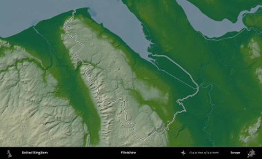 Flintshire 'da. Renkli bir yükseklik haritasında Birleşik Krallık 'ın özetlenmiş yönetim alanı