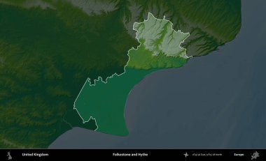 Folkestone ve Hythe. Birleşik Krallık 'ın idari alanı koyu renkli bir yükseklik haritasına vurgulanmış ve özetlenmiştir
