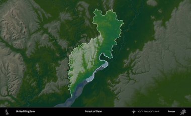 Dean Ormanı. Birleşik Krallık 'ın idari alanı koyu renkli bir yükseklik haritasına vurgulanmış ve özetlenmiştir