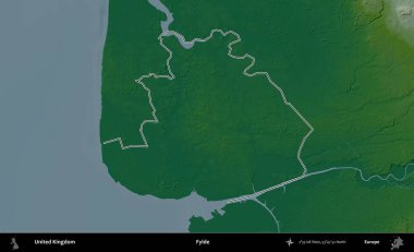 Fylde. Renkli bir yükseklik haritasında Birleşik Krallık 'ın özetlenmiş yönetim alanı