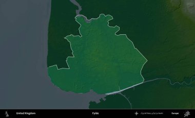 Fylde. Birleşik Krallık 'ın idari alanı koyu renkli bir yükseklik haritasına vurgulanmış ve özetlenmiştir