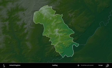 Gedling. Birleşik Krallık 'ın idari alanı koyu renkli bir yükseklik haritasına vurgulanmış ve özetlenmiştir