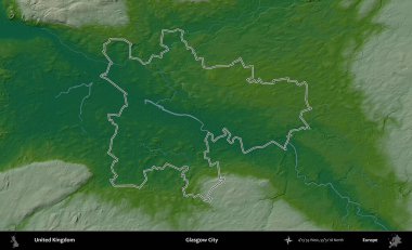 Glasgow Şehri. Renkli bir yükseklik haritasında Birleşik Krallık 'ın özetlenmiş yönetim alanı