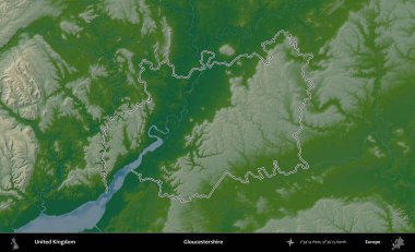 Gloucestershire 'da. Renkli bir yükseklik haritasında Birleşik Krallık 'ın özetlenmiş yönetim alanı
