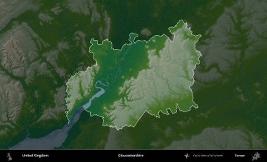 Gloucestershire 'da. Birleşik Krallık 'ın idari alanı koyu renkli bir yükseklik haritasına vurgulanmış ve özetlenmiştir