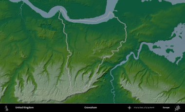 Gravesham. Renkli bir yükseklik haritasında Birleşik Krallık 'ın özetlenmiş yönetim alanı