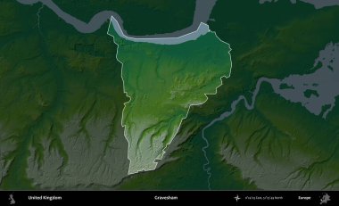 Gravesham. Birleşik Krallık 'ın idari alanı koyu renkli bir yükseklik haritasına vurgulanmış ve özetlenmiştir