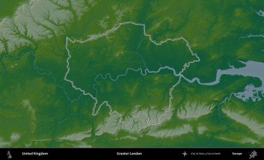 Büyük Londra. Renkli bir yükseklik haritasında Birleşik Krallık 'ın özetlenmiş yönetim alanı