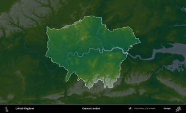 Büyük Londra. Birleşik Krallık 'ın idari alanı koyu renkli bir yükseklik haritasına vurgulanmış ve özetlenmiştir