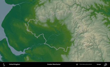 Daha büyük Manchester. Renkli bir yükseklik haritasında Birleşik Krallık 'ın özetlenmiş yönetim alanı